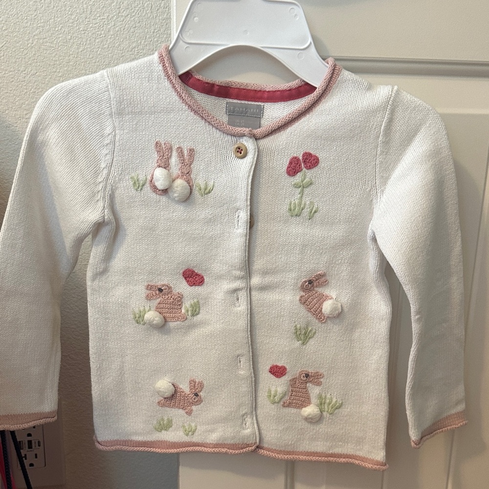 Tahari White and Pink Bunny Cardigan